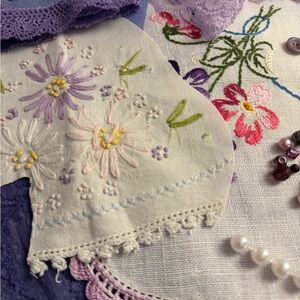 Purple Slow Stitch 35+ Vintage Embroidered Linens Lace Button Junk Journal Kit